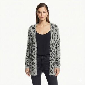Jaclyn Smith Womens Fuzzy Leopard Cardigan Sweater L Cozy Cabin Funk Artsy Soft